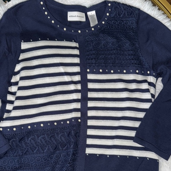Alfred Dunner Sweaters - Navy and White Striped Sweater with Stud Accents
